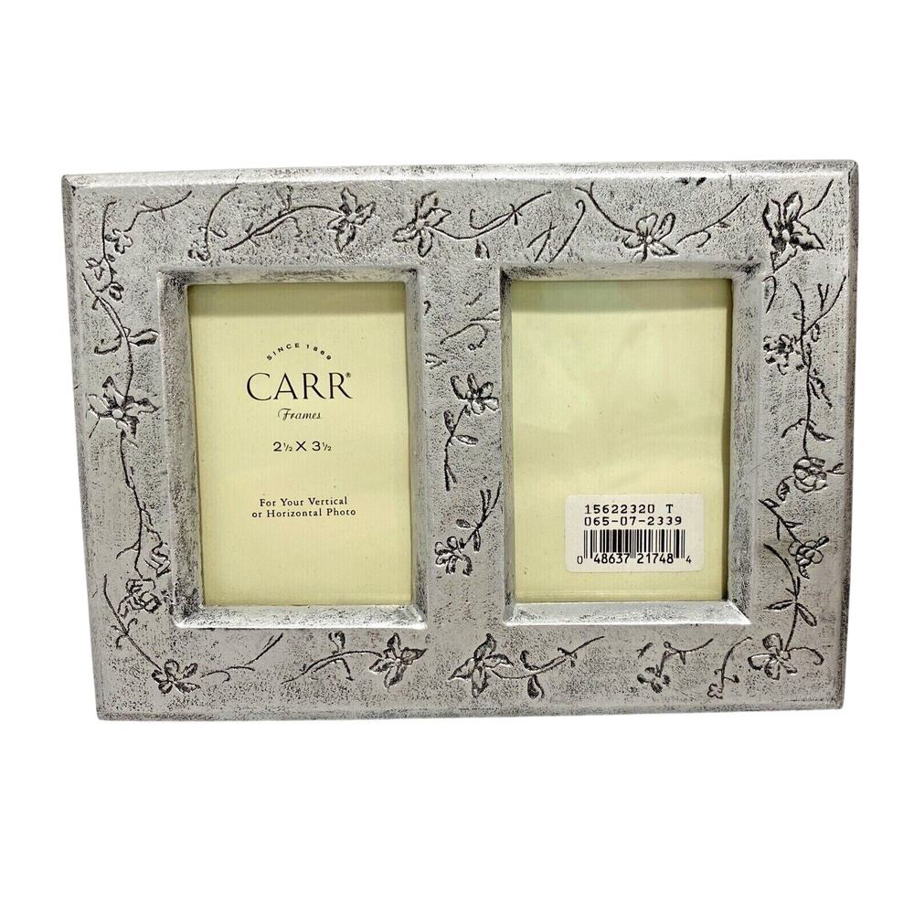Carr photo frame textured silver tone wooden double picture holder 2.5” x 3.5”